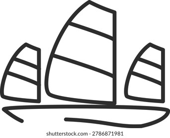 Traditional line icon featuring an ancient Chinese junk ship or oriental wooden sailboat with classic ribbed batten sails. Ideal for historical maritime trade exhibitions, Asian cultural tourism heritage guides, antique vessel model hobby stores, and oceanic adventure designs.