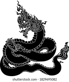 Traditional Line Thai style. Naka Thai Dragon vector and illustration isolate. Naga or Naka is Buddha's animal ,It's king of snake in South East Asia.