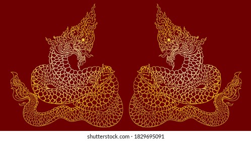 Traditional Line Thai style. Naka Thai Dragon vector and illustration isolate. Naga or Naka is Buddha's animal ,It's king of snake in South East Asia.