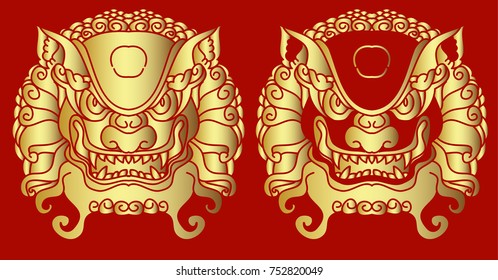 Traditional lion face tattoo.Gold lion statue on red background.Chinese lion roaring.