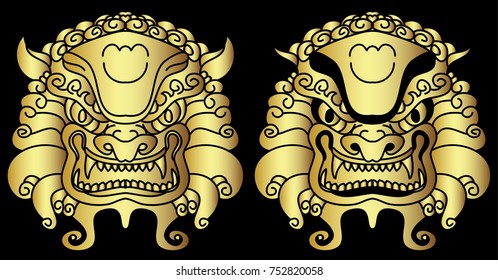 Traditional lion face tattoo.Gold lion statue on red background.Chinese lion roaring.