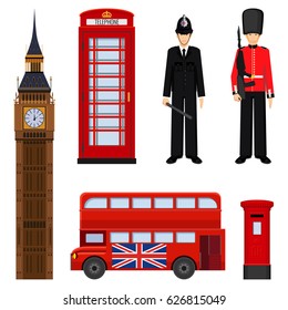 Traditional London sightseeing set vector illustration isolated on white. Big Ben, double decker bus, british guardian and policeman, phone booth and post mail box