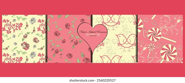 Traditional love  roses, hearts, and lovebirds fresh, earthy tones, modern boho vintage décor styles for  floral prints ,gift wrap, stationery, eco-friendly products, boho-themed shops, florists

