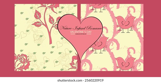 Traditional love  roses, hearts, and lovebirds fresh, earthy tones, modern boho vintage décor styles for  floral prints ,gift wrap, stationery, eco-friendly products, boho-themed shops, florists
