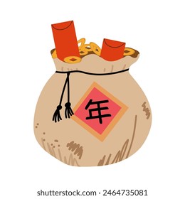 Traditional lucky bag Chinese or Korean, Rain from Gold Coins. Symbol of Prosperity. Chinese Lucky knot, Vector Symbol of Chinese New Year.