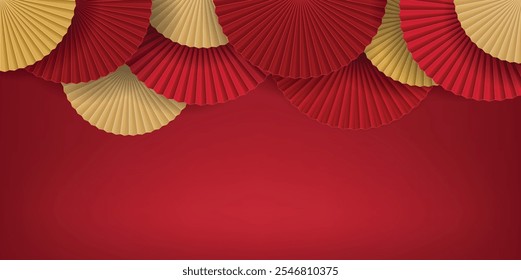 Tradicional lunar novo ano dobrável de papel ventiladores no fundo vermelho. Decoração estilo asiático oriental chinês ano novo. Concept of Happy Chinese New Year and Mid-Autumn Festival Resumo Fundo
