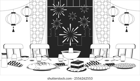 Traditional Lunar New Year foods table black and white line illustration. Chinese dishes, paper lanterns, fireworks night 2D interior monochrome backdrop. Spring festival dinner outline vector