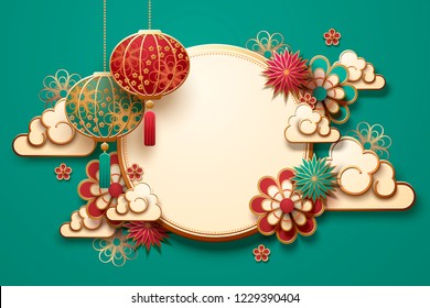 Traditional lunar year background with hanging lanterns and flowers, turquoise background