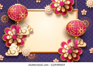 Traditional lunar year background with hanging lanterns and flowers, purple and fuchsia paper art style background