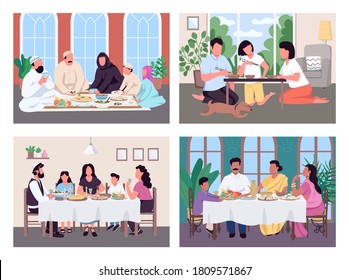 Traditional lunch for family flat color vector illustration set. Muslim parent and children eat meal. Asian culture. Multiethnic 2D cartoon characters with interior on background collection