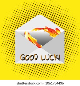 Traditional mail envelope with a wish. Text - Good Luck  Illustration with Koi fish on yellow background from  halftone dots. Vector drawing for the design of messages, postcards, wishes.
