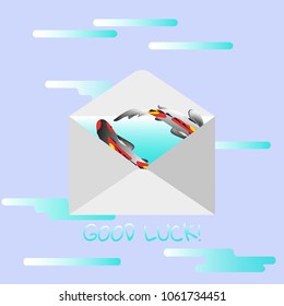 Traditional mail envelope with a wish. Text - Good Luck Illustration with Koi fish on blue background. Vector drawing for the design of messages, postcards, wishes.