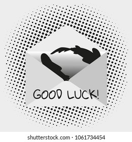 Traditional mail envelope with a wish. Text - Good Luck Illustration with Koi fish on gray background from  halftone dots. Vector drawing for the design of messages, postcards, wishes.


