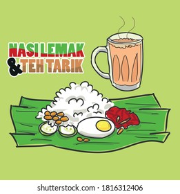 Traditional Malay Food Nasi Lemak With Pulled Tea (Teh Tarik)- Malaysia Meal Set Vector Illustration