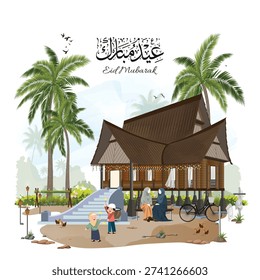 Traditional Malay Kampung House Eid Mubarak Illustration with Coconut Trees and Village Scene featuring a wooden stilt house, festive decorations, traditional food, pelita lamps and a peaceful rural atmosphere. Suitable for Islamic greeting cards, posters, banners, social media.
