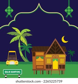 Traditional malay village house with coconut tree and islamic decorative elements for Eid mubarak raya ramadan festival greeting