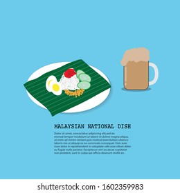 Traditional Malaysian Food. Nasi Lemak And Teh Tarik Or Pull Of Tea On A Blue Background. Vector Illustration