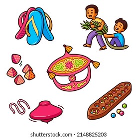 Traditional Malaysian game set. Cartoon drawing of fun games of Malay children. Vector clip art illustration.