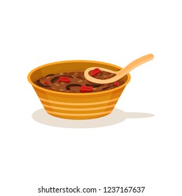 Traditional Malaysian soup in bowl with spoon. Tasty Asian dish. Cooking theme. Flat vector icon