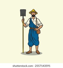 Traditional male farmer holding a digging shovel