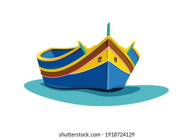 Traditional Maltese fishing boat luzzu colorful design isolated on white background. Malta symbol and tourist attraction. Vector illustration