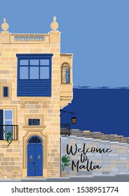 Traditional maltese house made of sandy stone bricks with various doors, windows and balconies and sea on the background. Vector isolated design