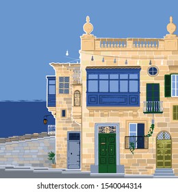 Traditional maltese houses made of sandy stone bricks with various doors, windows and balconies and sea on the background. Vector isolated design