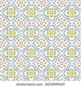 Traditional Maltese Tiles pattern designs, green and orange geometric seamless pattern in used for textile , wallpaper, card.