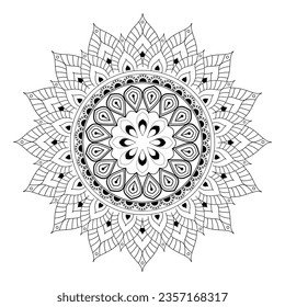 Traditional mandala art in black and white with symmetrical circular patterns, ideal for coloring doodling, invitations, posters, banners, fabric, wall hangers, invitations