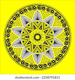 Traditional mandala art with geometric motifs arranged in circular manner, vector illustrations in a yellow background, ideal for fabric designing, backdrops, wall hangers