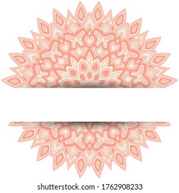 Plantilla tradicional de tarjeta vector mandala con lugar de texto. Diseño de volante del centro de meditación de yoga. Mandala floral circular con motivos de mariposa, corazón, hoja, pétalo, flor. Medallón oriental.