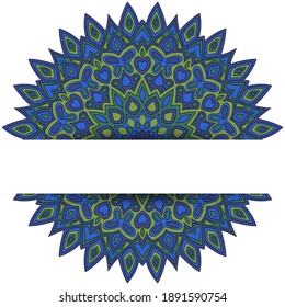 Traditional mandala vector card template with text place. Spa center flyer banner design. Round floral mandala ornament with butterfly, heart, leaf, petal, flower motifs. Oriantal medallion.