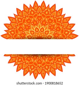 Traditional mandala vector card template with text place. Yoga meditation center flyer design. Circle floral mandala ornament with butterfly, heart, leaf, petal, flower elements. Oriantal medallion.