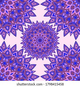Traditional mandala vector seamless pattern. Clothes print design. Round floral mandala ornament with butterfly, heart, leaf, petal, flower elements. Indian medallion motif seamless wallpaper.