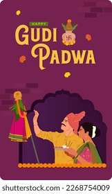 Pareja maratí tradicional interpretando el diseño vectorial de la oración Gudi Padwa con texto de deseos de Happy gudi padwa.