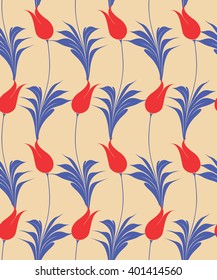 Traditional marbled Turkish tulips seamless pattern, repeating vector surface pattern with beautiful tulips for all web and print purposes.
