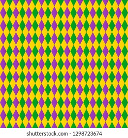 Traditional Mardi Gras background. Colorful harlequin seamless pattern. Green, purple and yellow geometric vector background for Fat or Shrove Tuesday posters, banners, cards, party invitations. 