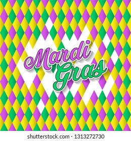 Traditional Mardi Gras diamond pattern. Carnival greeting card. Vector illustration
