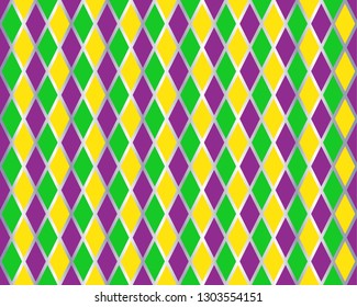 Traditional Mardi Gras seamless pattern with gold, green, yellow and violet colors. Harlequin vector pattern. Carnival Mardi Grass traditional seamless background. Argyle ornament.