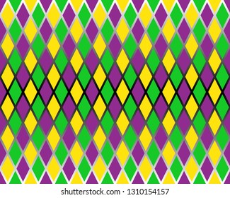 Traditional Mardi Gras seamless pattern with gold, green, yellow and violet colors. Harlequin vector pattern. Carnival Mardi Grass traditional seamless background. Argyle ornament.