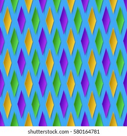 Traditional Mardi Gras seamless pattern with gold, green, yellow and violet paper rhombus on blue background. Vector illustration. 