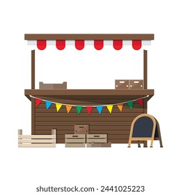 Traditional market empty wooden food stall with flags. Crates and chalk board. Vector illustration in flat style