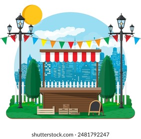 Traditional market empty wooden food stall with flags, crates chalk board. City park, street lamp and trees. Sky with clouds and sun. Leisure time in summer city park. Vector illustration flat style