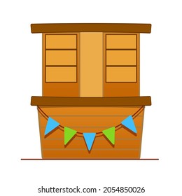 Traditional market empty wooden stall with colorful flags. Flat style vector illustration