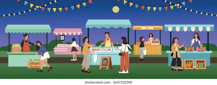 Traditional market illustration. Night market. Food festival. People in the night market. Nighttime Farmers Market Scene. Night festival. Bakery stand. Fruit stand. Fish stall. 