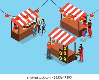 Traditional Market Stalls with Festive Lanterns 3d isometric vector illustration