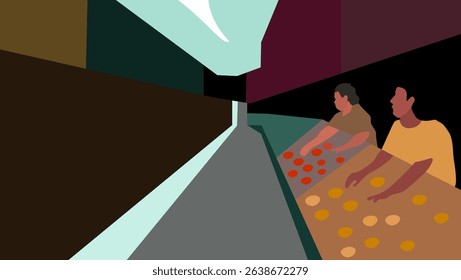 traditional market sunrise,flat color illustration