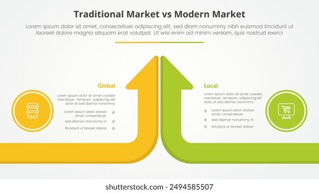 traditional market vs modern market comparison opposite infographic concept for slide presentation with long arrow bar top direction long arrow bar top direction with flat style vector