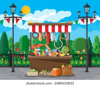 Traditional market wooden food stall full of food with flags, crates. City park, street lamp and trees. Sky with clouds and sun. Leisure time in summer city park. Vector illustration flat style