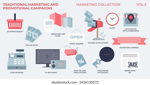 Traditional marketing and business marketing campaigns tiny collection set. Labeled elements with brochure, flyers, ads and commercials vector illustration. Company communication and sale promotions.